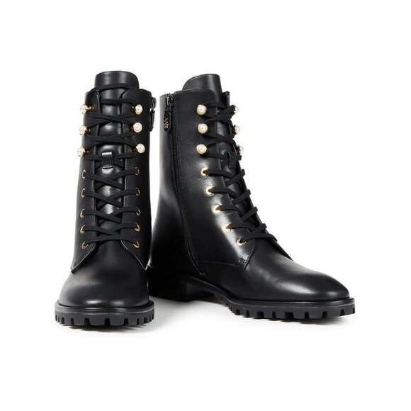 $750 Stuart Weitzman Laine Pearl Leather Combat Boot BLACK GOLD 11.5 (PC5.5) - Picture 1 of 9